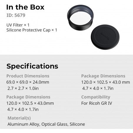 SmallRig 5679 Filtro UV SmallRig para RICOH GR IV, Doble Protección para Lente Retráctil GR IV, Filtro UV y Parasol en Uno